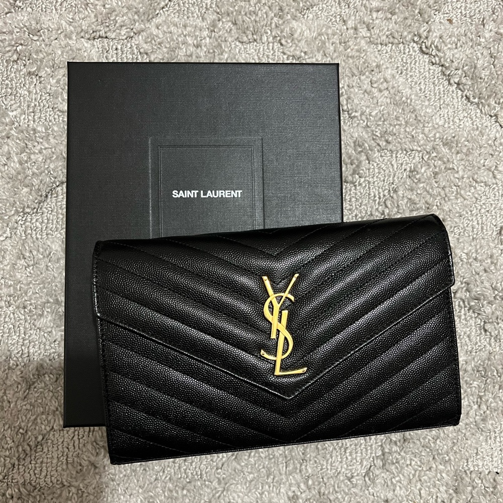 Saint Laurent Monogram Chain Wallet in Grain de Poudre Embossed Leather